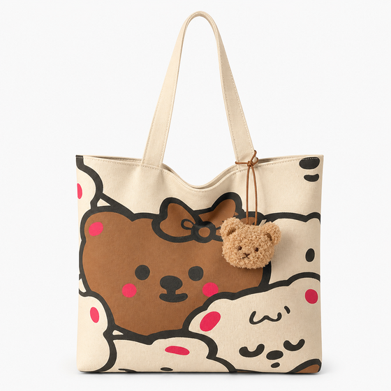 Cartoon Bear Canvas Tote, Heavy Cotton Shoulder Bag, Campus and Everyday Carry
