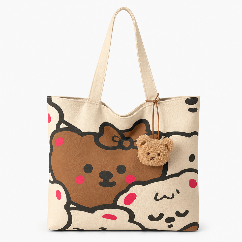 Cartoon Bear Canvas Tote, Heavy Cotton Shoulder Bag, Campus and Everyday Carry