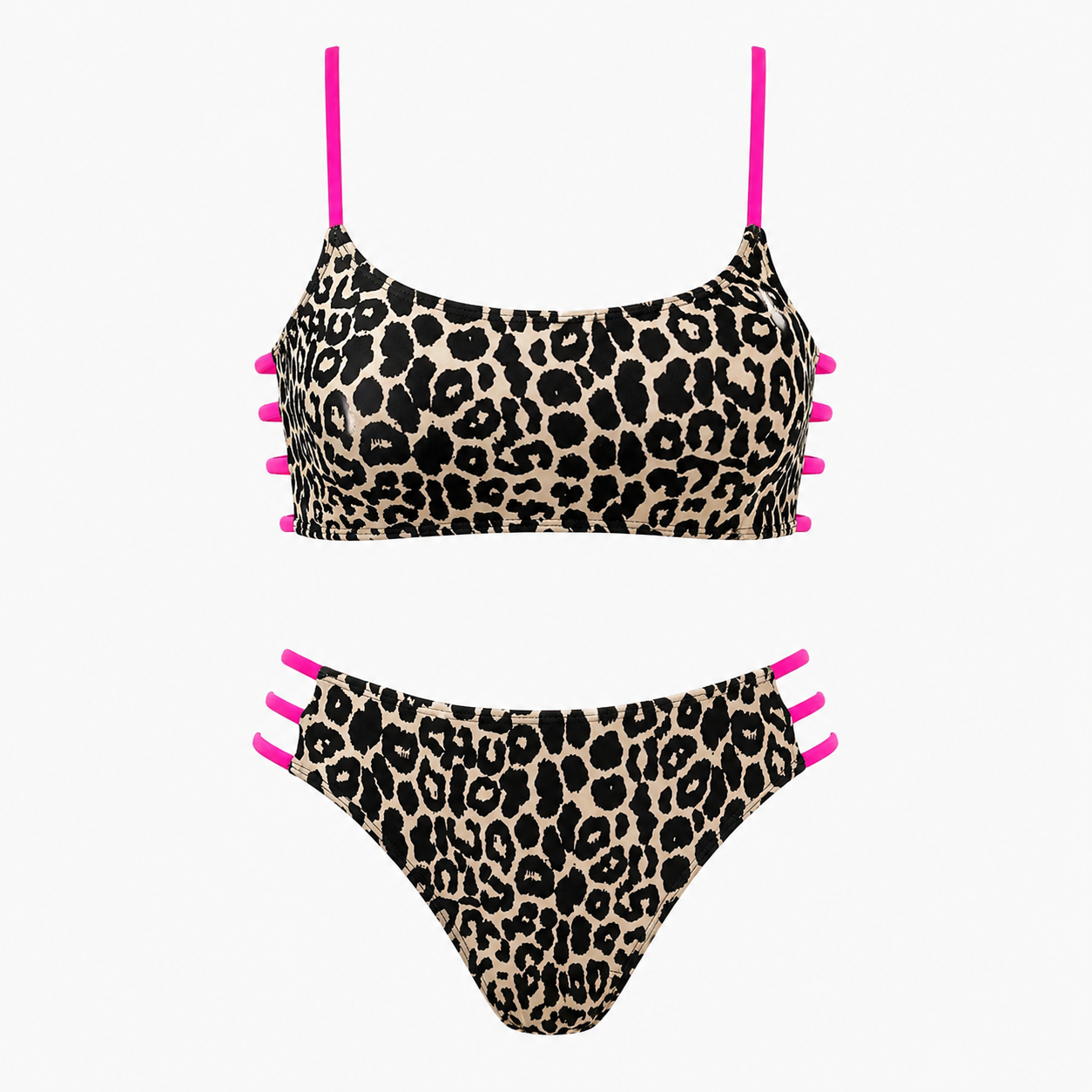 Leopard print string bikini set, side angle showing tie hip straps