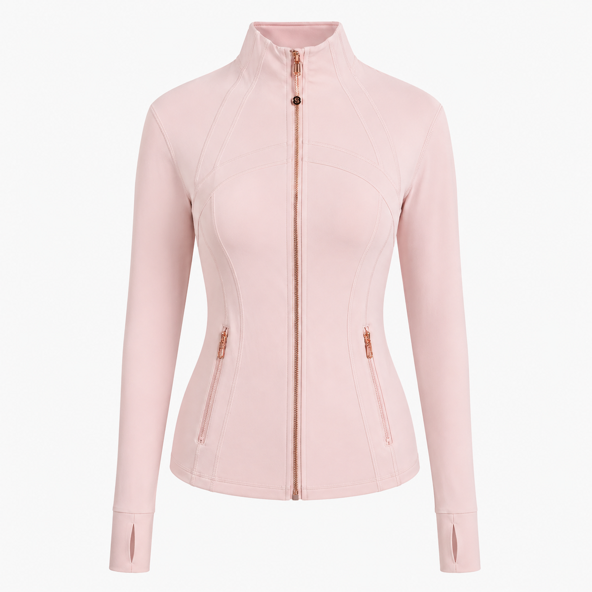 Side profile showing slim cut at waist and long sleeve to wrist