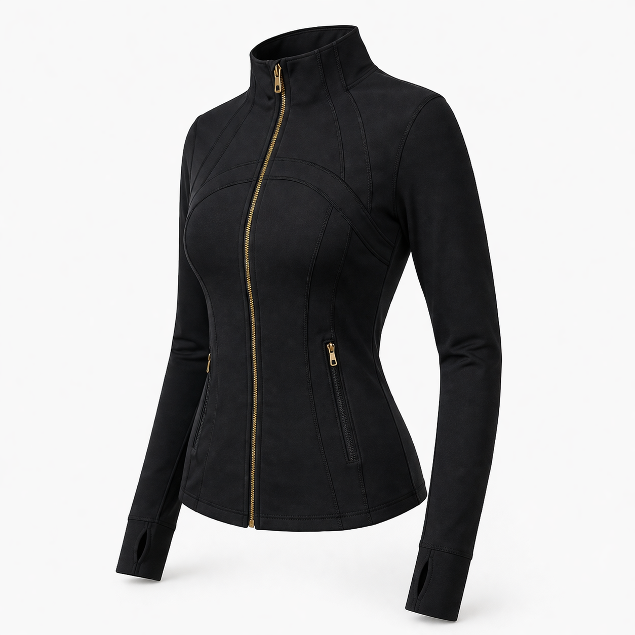 Slim running jacket worn at a cool morning park run with full zip up
