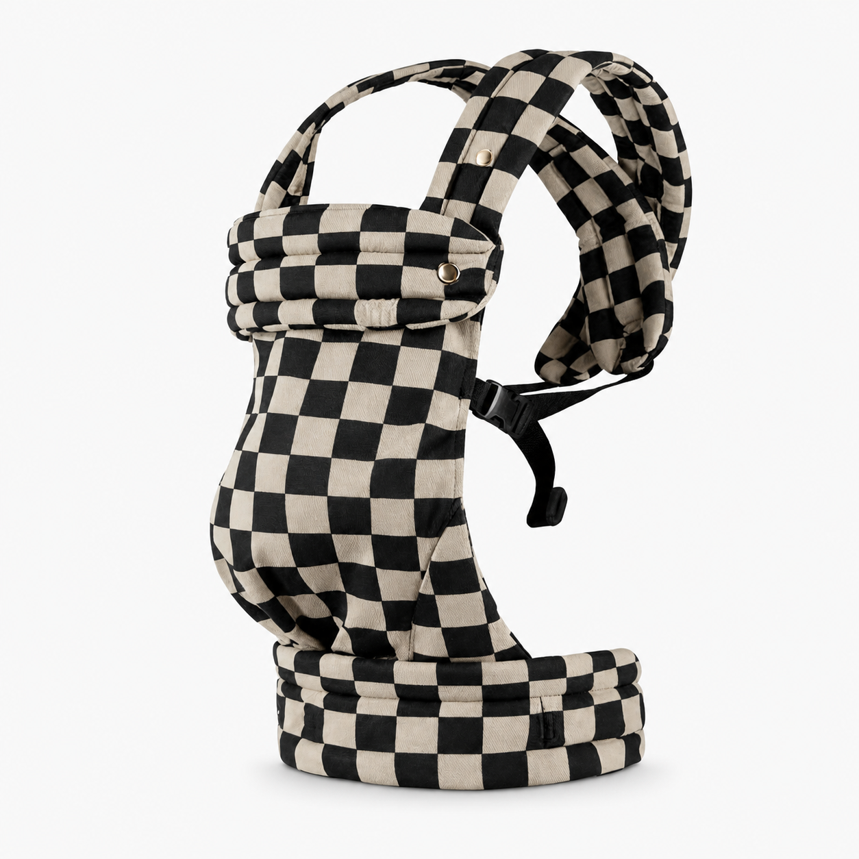 Child wearing a houndstooth waist bag at the hip during a park walk, hands free