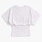 Close detail of the ruched waist gathers shaping the soft drape knit on the casual top