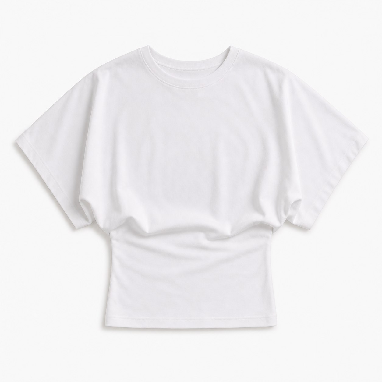 Close detail of the ruched waist gathers shaping the soft drape knit on the casual top
