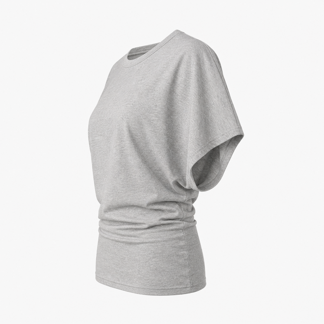 Ruched batwing sleeve casual top worn loose, styled with the gathered waist sitting at the natural line