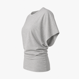Ruched batwing sleeve casual top worn loose, styled with the gathered waist sitting at the natural line