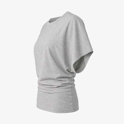 Ruched batwing sleeve casual top worn loose, styled with the gathered waist sitting at the natural line