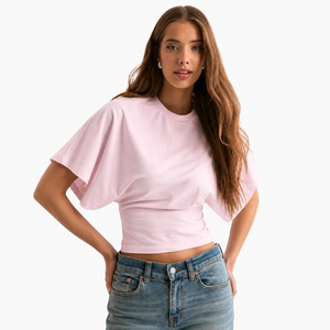 Front view of the ruched batwing casual top showing the soft drape fabric and relaxed shoulder line