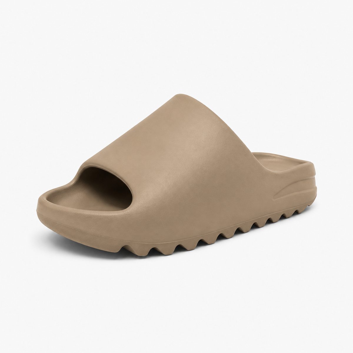 Molded EVA foam slides styled on set with a light outfit