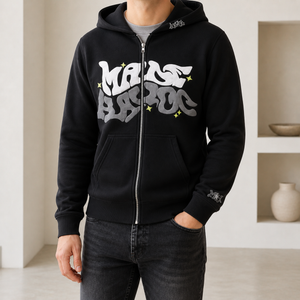Front view of the black MARS BLOC zip-up hoodie with full zip and chest graffiti