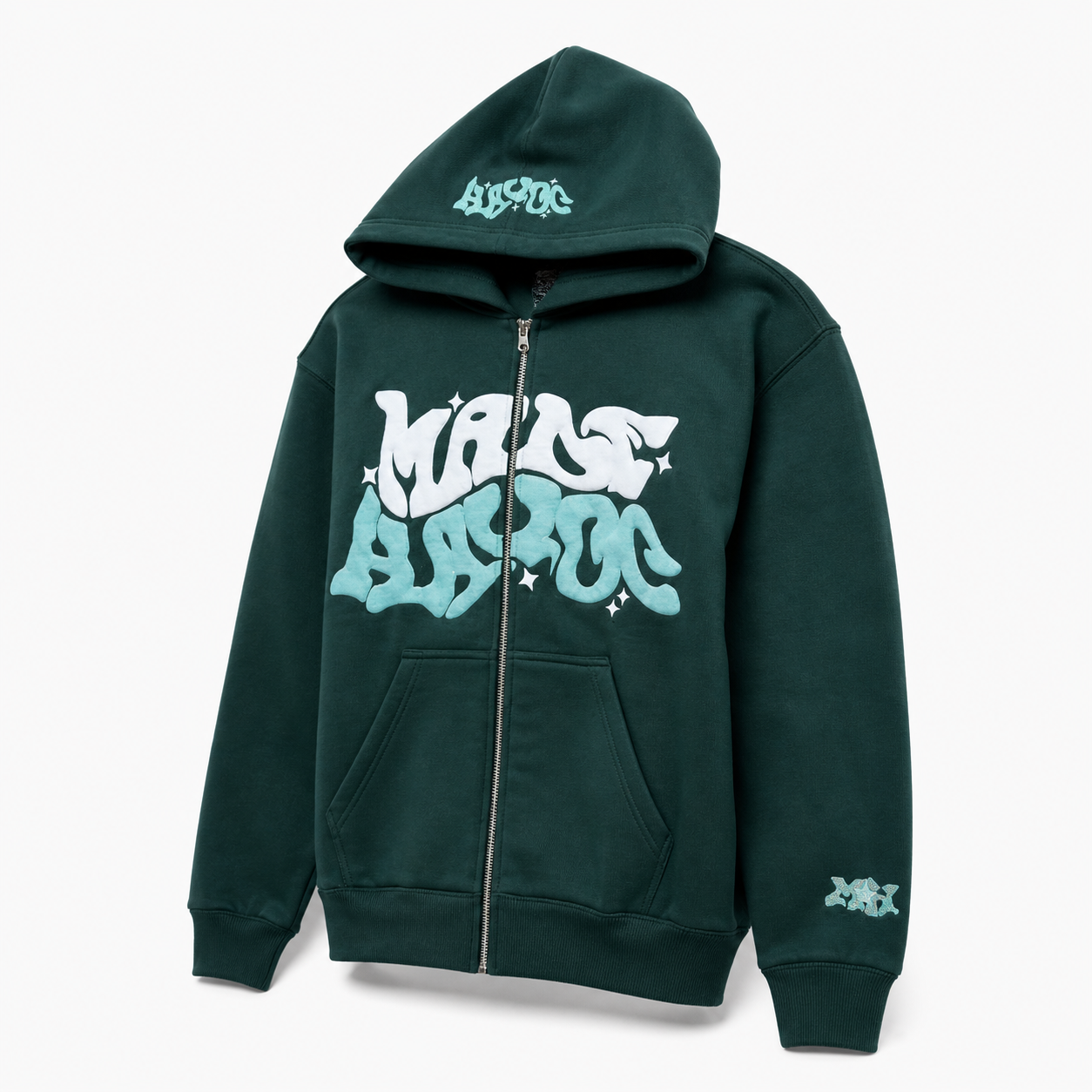 Woman wears heavyweight cotton fleece pullover hoodie with hood up
