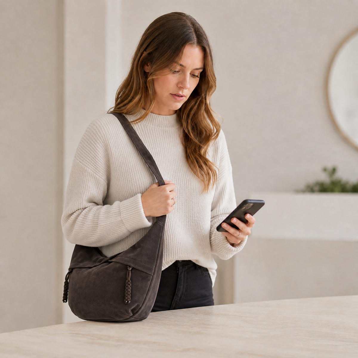 Front view of the compact crossbody shoulder bag with flap closure