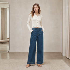 High waist denim styled with a cropped knit, full front view