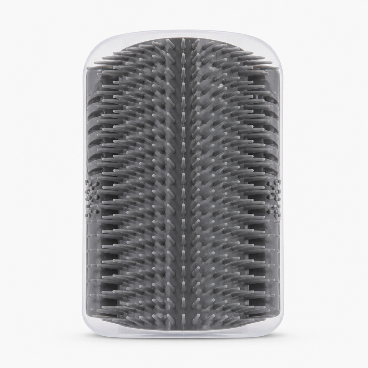 Cat self grooming brush mounted on a corner with a cat rubbing against the bristles