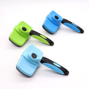 Green and blue self cleaning pet slicker brushes grouped together on a white studio background