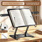Starry Black Wave model reading stand with a side bar extending from the panel, book open, dimension callouts