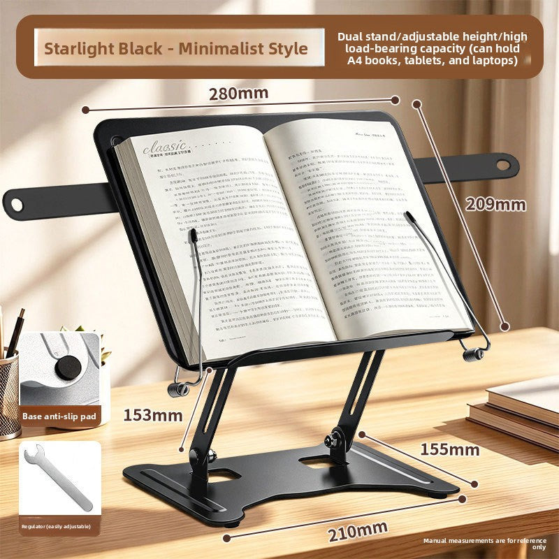 Starry Black Wave model reading stand with a side bar extending from the panel, book open, dimension callouts