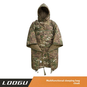 Portable outdoor cloak sleeping bag in camouflage front view