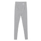 Light gray maternity leggings with a stretch belly panel and a small woven label, flat on a white background