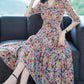 Printed mulberry silk dress side profile showing the fluid drape