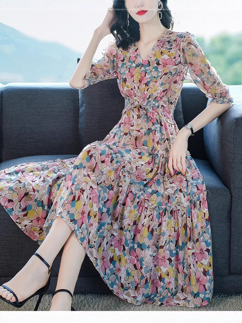 Printed mulberry silk dress side profile showing the fluid drape