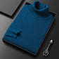 Men's slim-fit turtleneck sweater shown with the roll neck folded