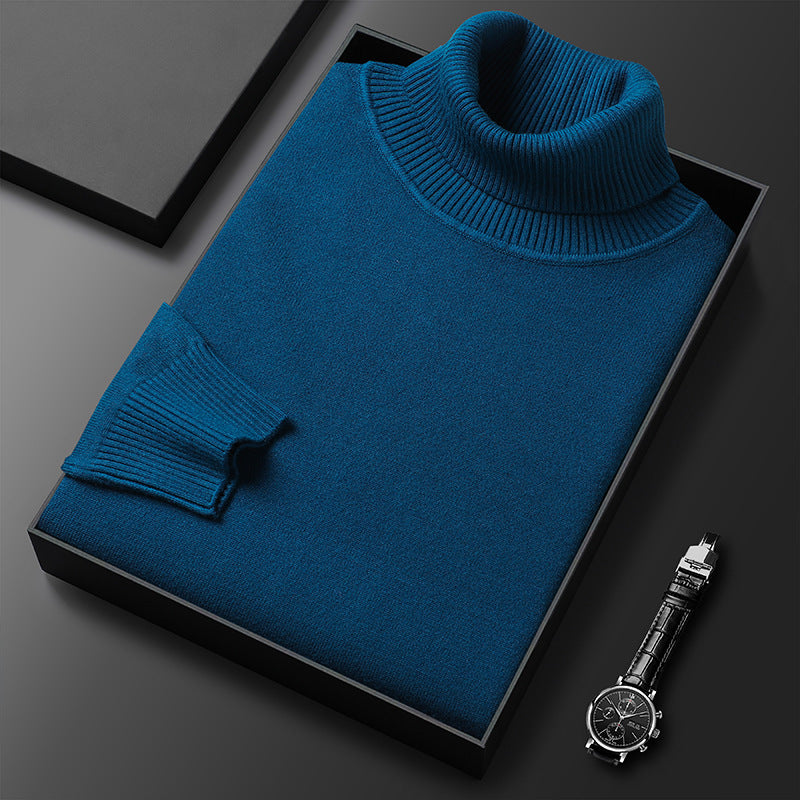Men's slim-fit turtleneck sweater shown with the roll neck folded
