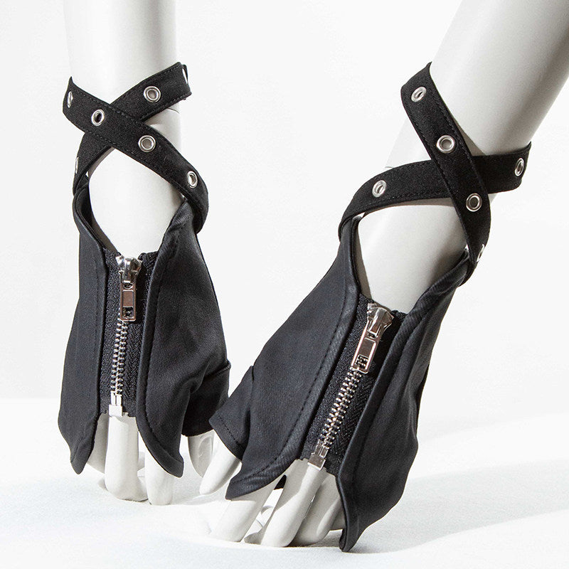 Black half finger gloves with satin coated finish, metal zip and eyelet strap, shown on the Black 1014D option