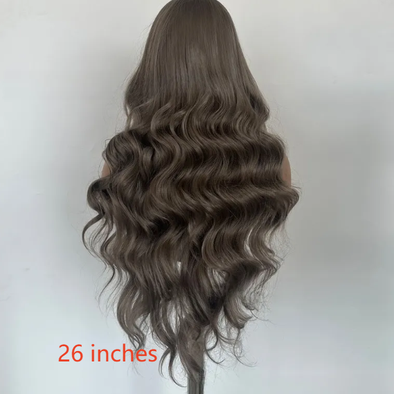 Back view of the 26 inch wavy gray brown synthetic wig, photo used for the 26 inches option