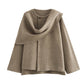 Khaki knitted coat with a draped scarf collar and flared hem