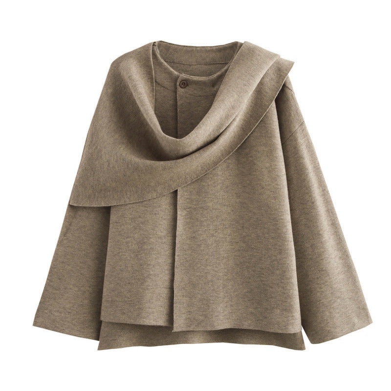 Khaki knitted coat with a draped scarf collar and flared hem