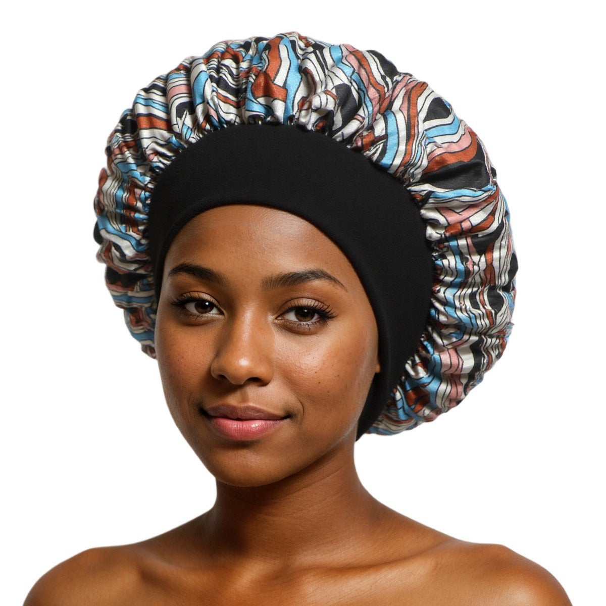 Blue Brown Wave Print satin sleep bonnet with ruffled crown and wide elastic band, 30 cm diameter