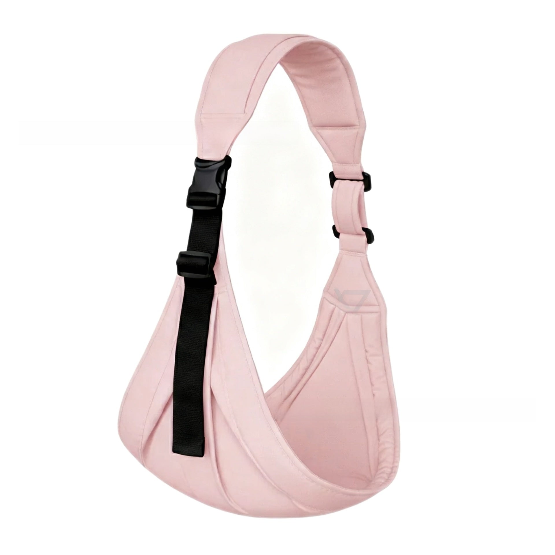 Close detail of the side-release buckle on the baby sling shoulder strap