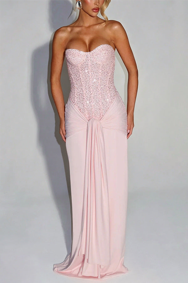 Strapless long dress with sequin bodice and draped skirt in pink, size XL option