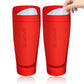 Red double layer soccer shin guard sleeves with a hand inserting a guard plate, Red option, size Teen M