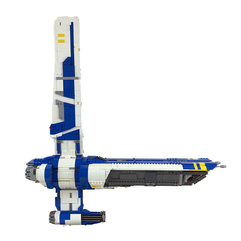 Side profile of the assembled space fighter building block model in blue white and grey