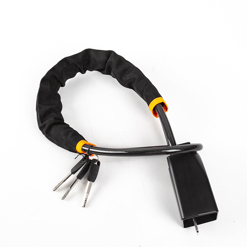 Black variant: black sleeved steering wheel lock with orange ties, three keys and the lock body