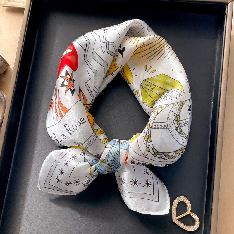 White and red nautical printed square scarf with a satin sheen and hemmed edges, shown displayed