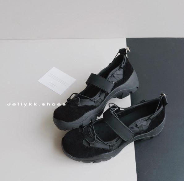 Black platform slip-on shoes with a wide strap, elastic cords and a black lug sole, EU size 39 option