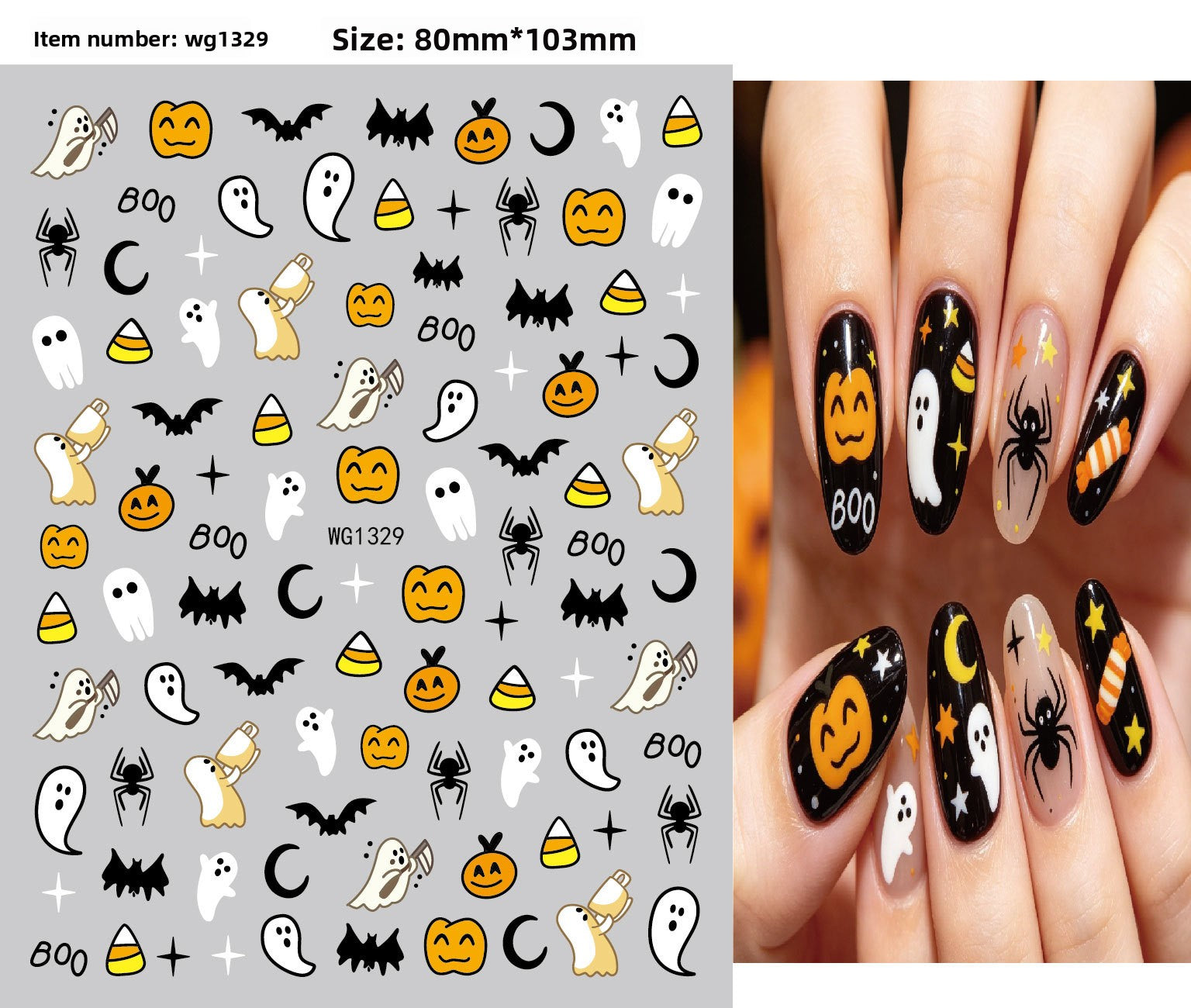 Festive Halloween nail decals mixing pumpkins, bats and spiders