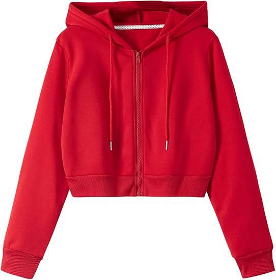 Womens cropped zip up hoodie with a drawstring hood, front view
