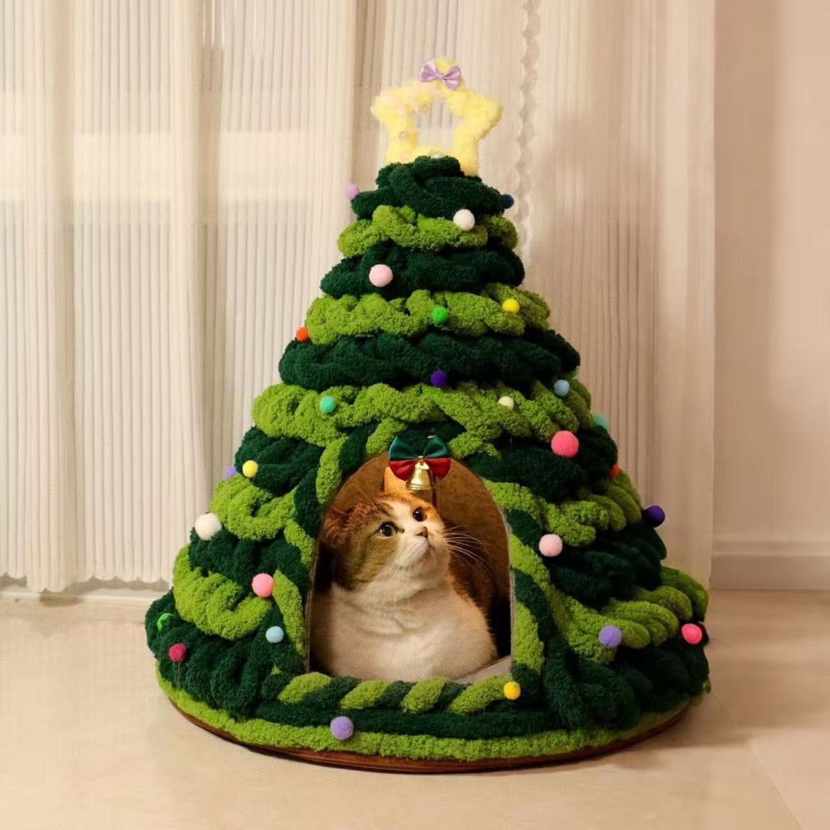 Autumn Green Ink Green kit: layered green chenille tree shaped pet house with a gold star outline and a cat inside
