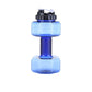 Translucent sports water bottle shaped like a dumbbell shown from a low angle