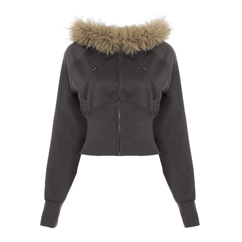Flat lay of the charcoal cropped hooded zip jacket with a tan plush fur hood and two chest zip pockets
