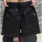 Black wide leg shorts close view of slant hip pocket and side label