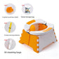 Orange folding kids potty shown with splash pee shield, travel bag, strap and 30 liner bags