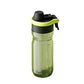 Fluorescent green 750 ml plastic sports water bottle with black flip lid on a white background