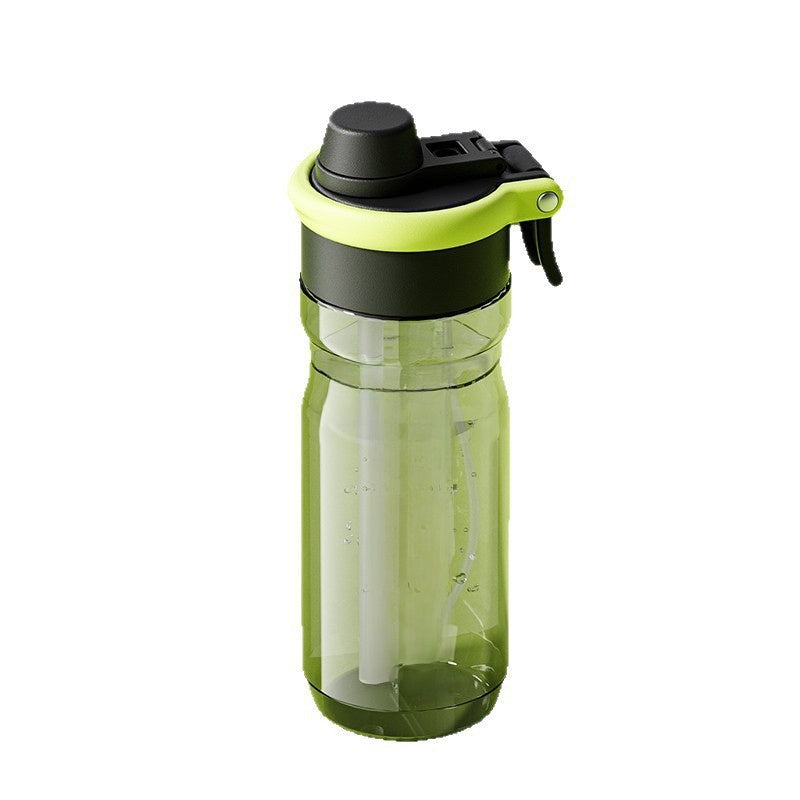 Fluorescent green 750 ml plastic sports water bottle with black flip lid on a white background