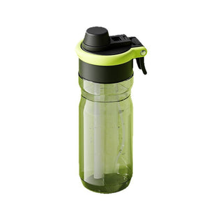Fluorescent green 750 ml plastic sports water bottle with black flip lid on a white background