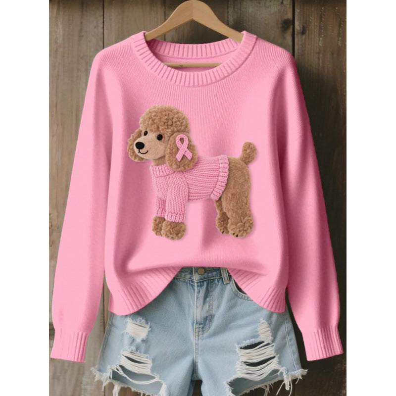 Pink womens 3D print knit look pullover top with a poodle motif, product photo